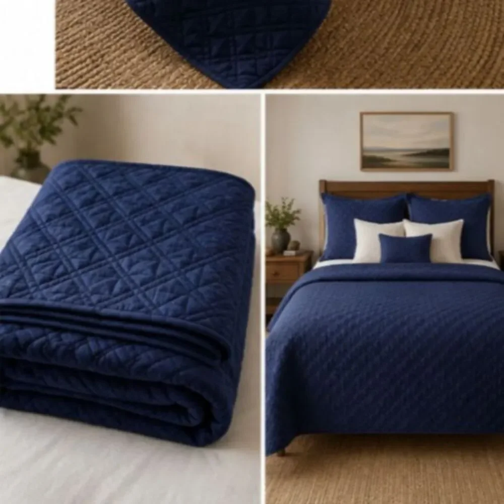 Hudson Park Double Diamond Coverlet Full Queen Navy Blue Quilted Pima Cotton